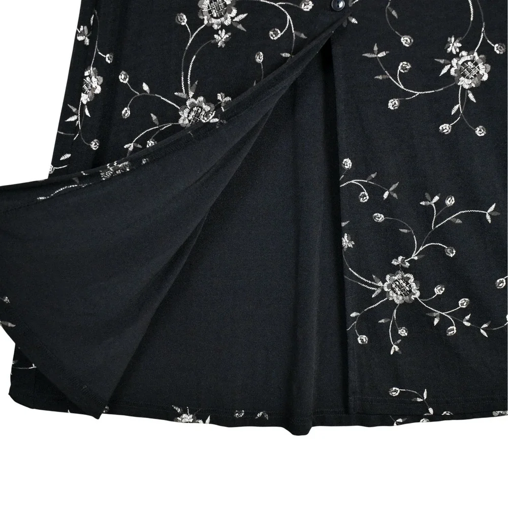 Vintage 90s Floral Midi Skirt Womens S Black Button Down Slinky Drapey Romantic